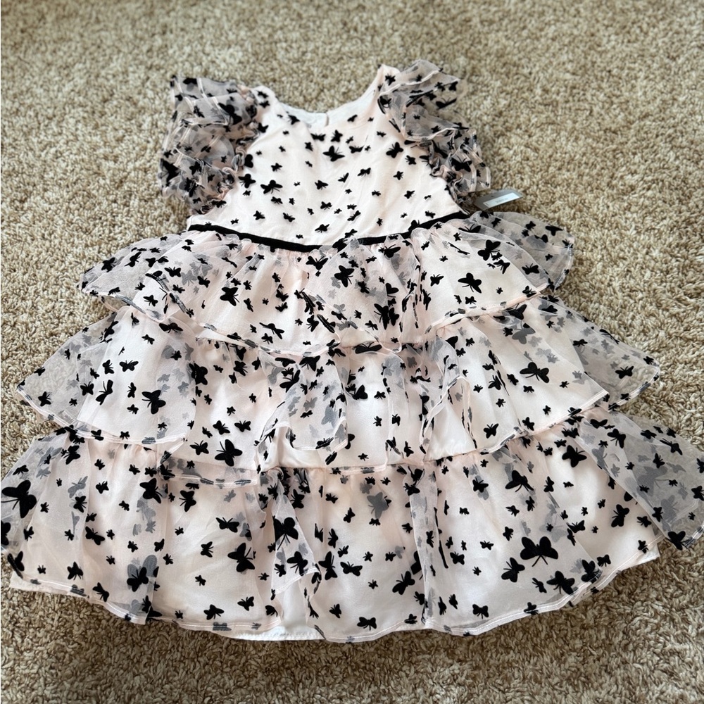 Kids Pink Tulle Tiered Dress with Black Butterfly Print SZ 5T